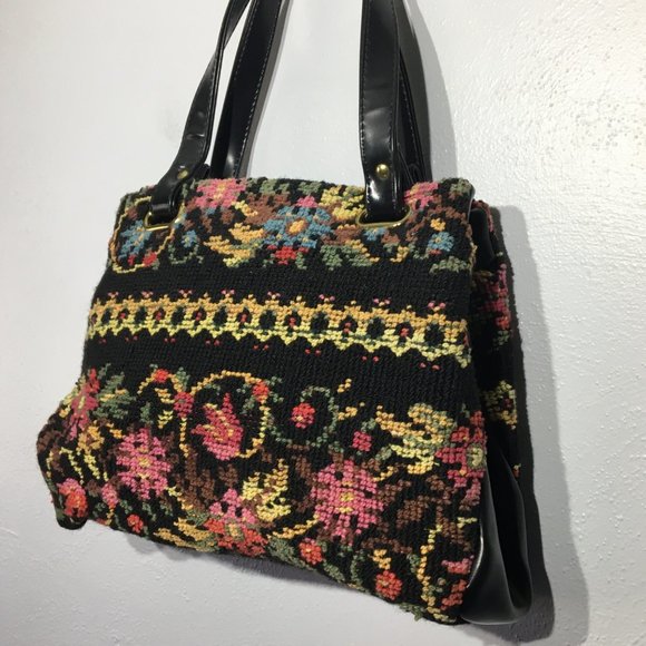 Vintage 50s 60s Needlepoint Tapestry Carpet Bag Black Colorful Floral Purse - Picture 10 of 16